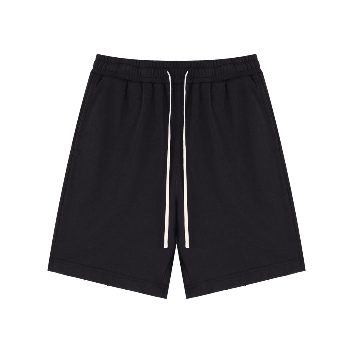 Omina black unisex drawstring shorts with an elastic waistband and side pockets in a relaxed fit