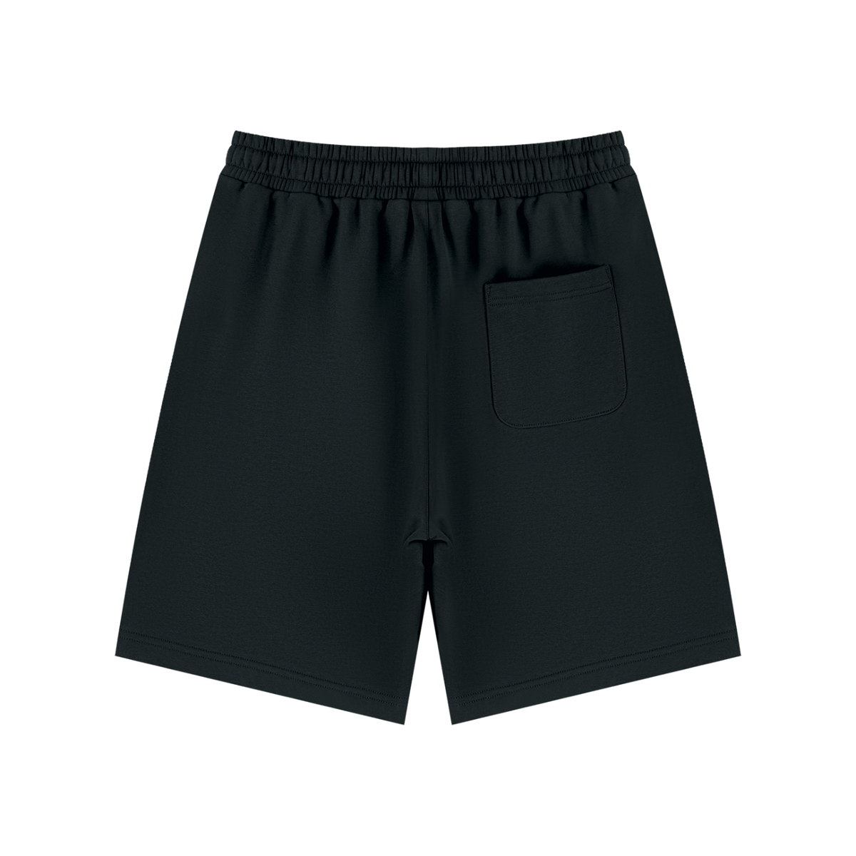 Omina black unisex drawstring shorts with an elastic waistband and a single back pocket, shown from the back view.