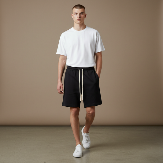 Model wearing Omina Essentials black unisex drawstring shorts with a white t-shirt and sneakers in a studio setting.
