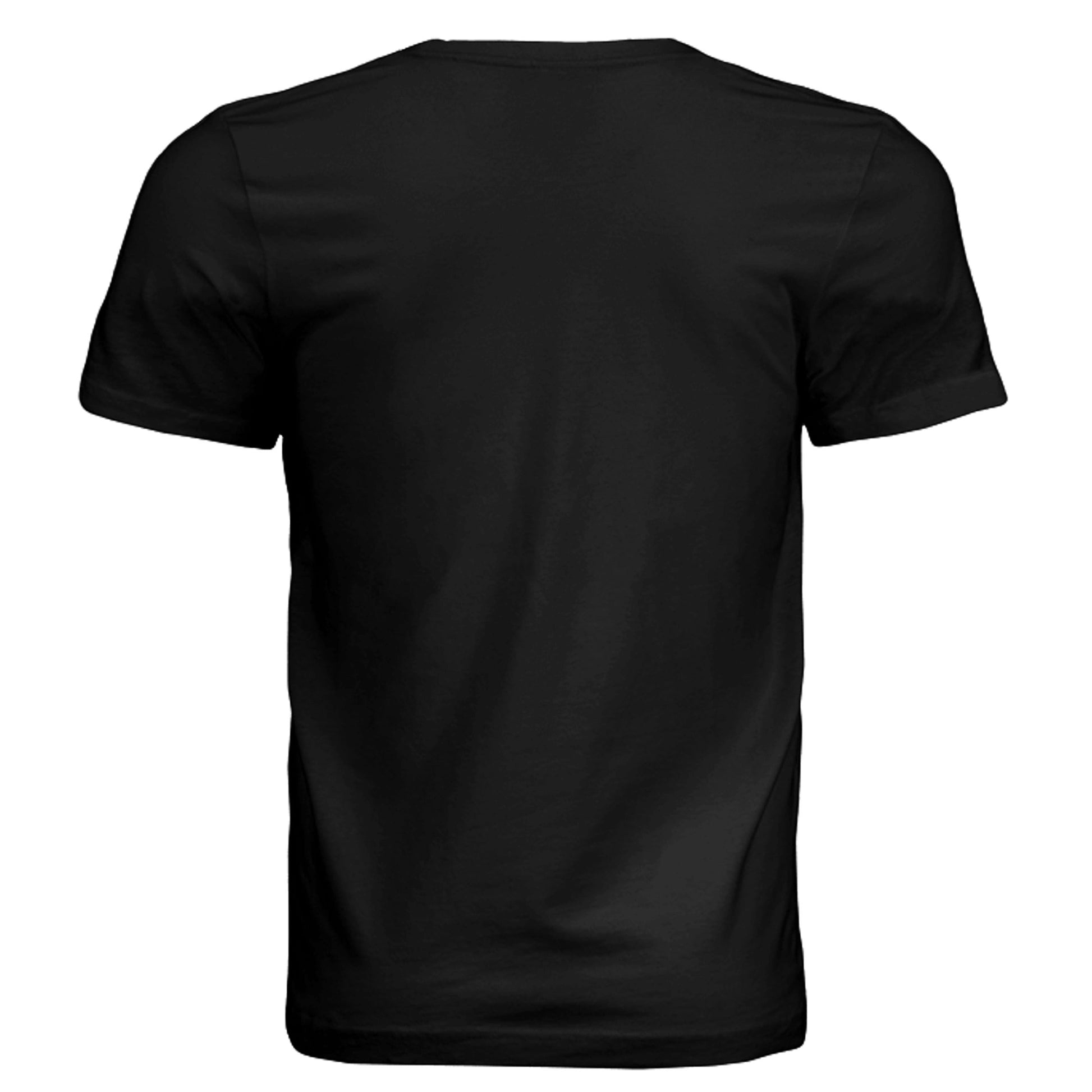 Back view of a plain black Omina unisex jersey tee made from soft combed cotton with a modern retail fit.