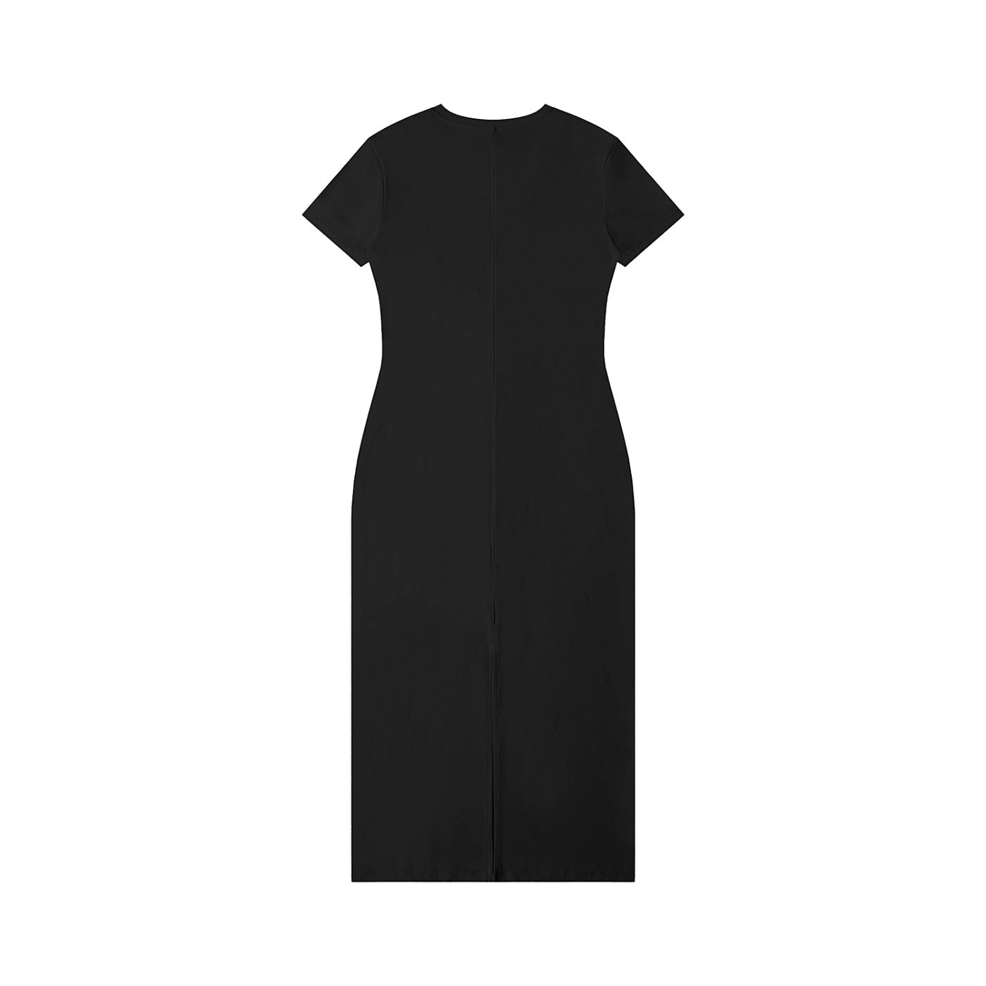 Omina black viscose blend maxi dress with V-neck, short sleeves, and side slit. Body-skimming fit.