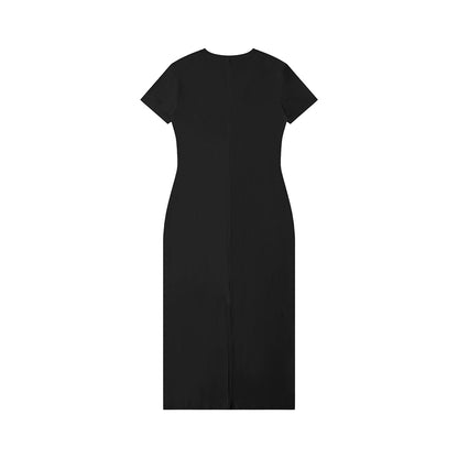 Omina black viscose blend maxi dress with V-neck, short sleeves, and side slit. Body-skimming fit.