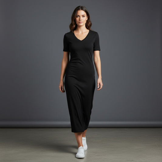Omina black viscose blend maxi dress with V-neck, short sleeves, body-skimming fit, and side slit.