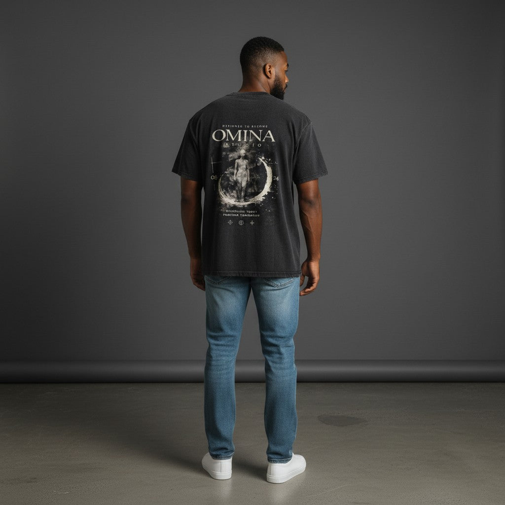 Omina black mineral wash waffle knit t-shirt with graphic print on back featuring a figure and text.