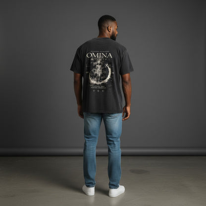 Omina black mineral wash waffle knit t-shirt with graphic print on back featuring a figure and text.