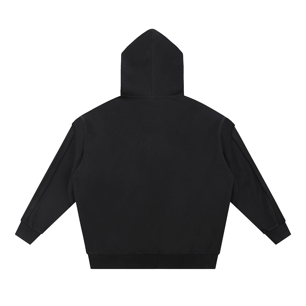 Omina black cotton-blend zip hoodie with raw edge detailing and contrast tape accents. Oversized fit.