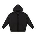 OMINA black cotton-polyester blend zip-up hoodie with raw edge detailing and contrast tape accents.