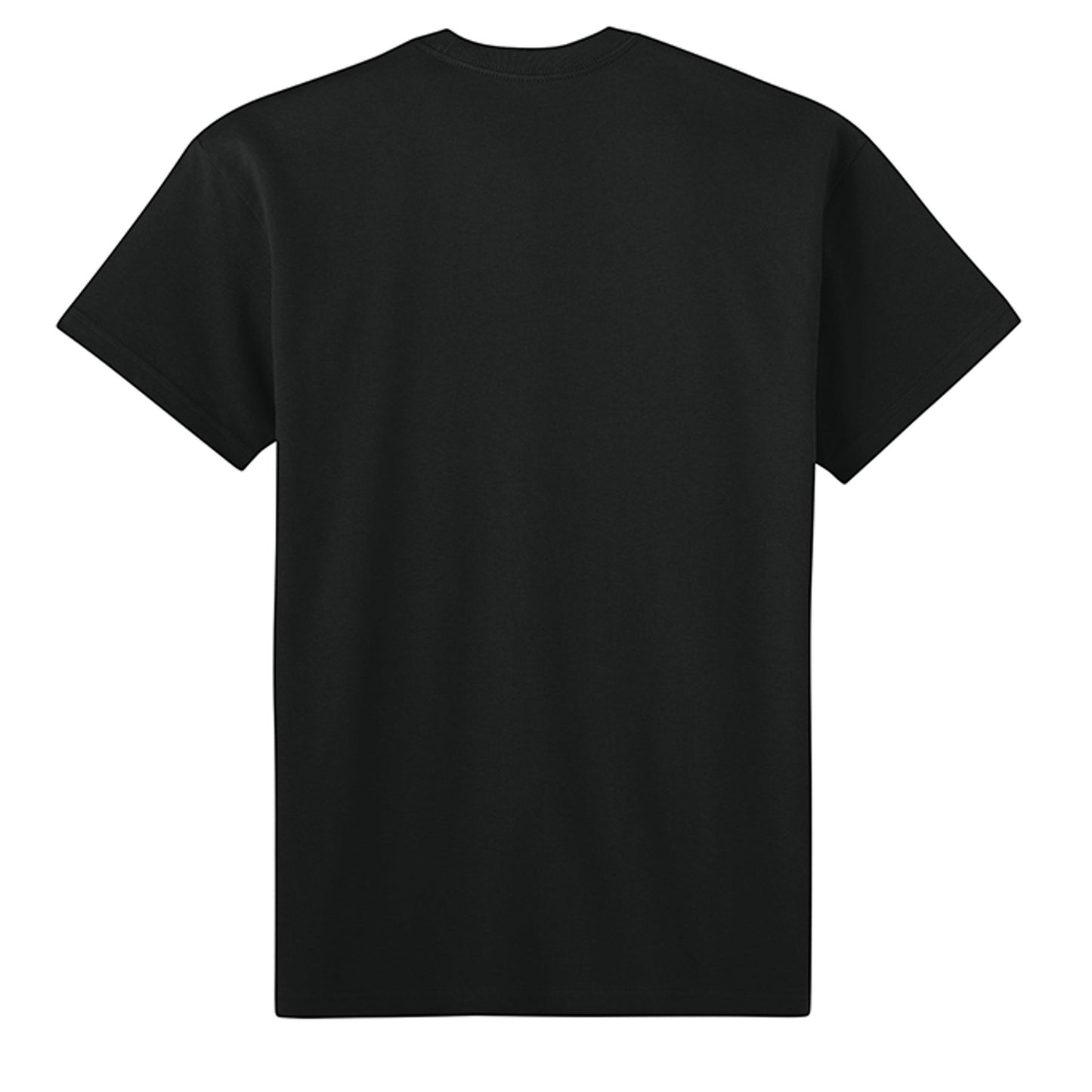 Back view of Omina Blessed, Not Pressed heavyweight black cotton t-shirt with relaxed fit and dropped shoulders.
