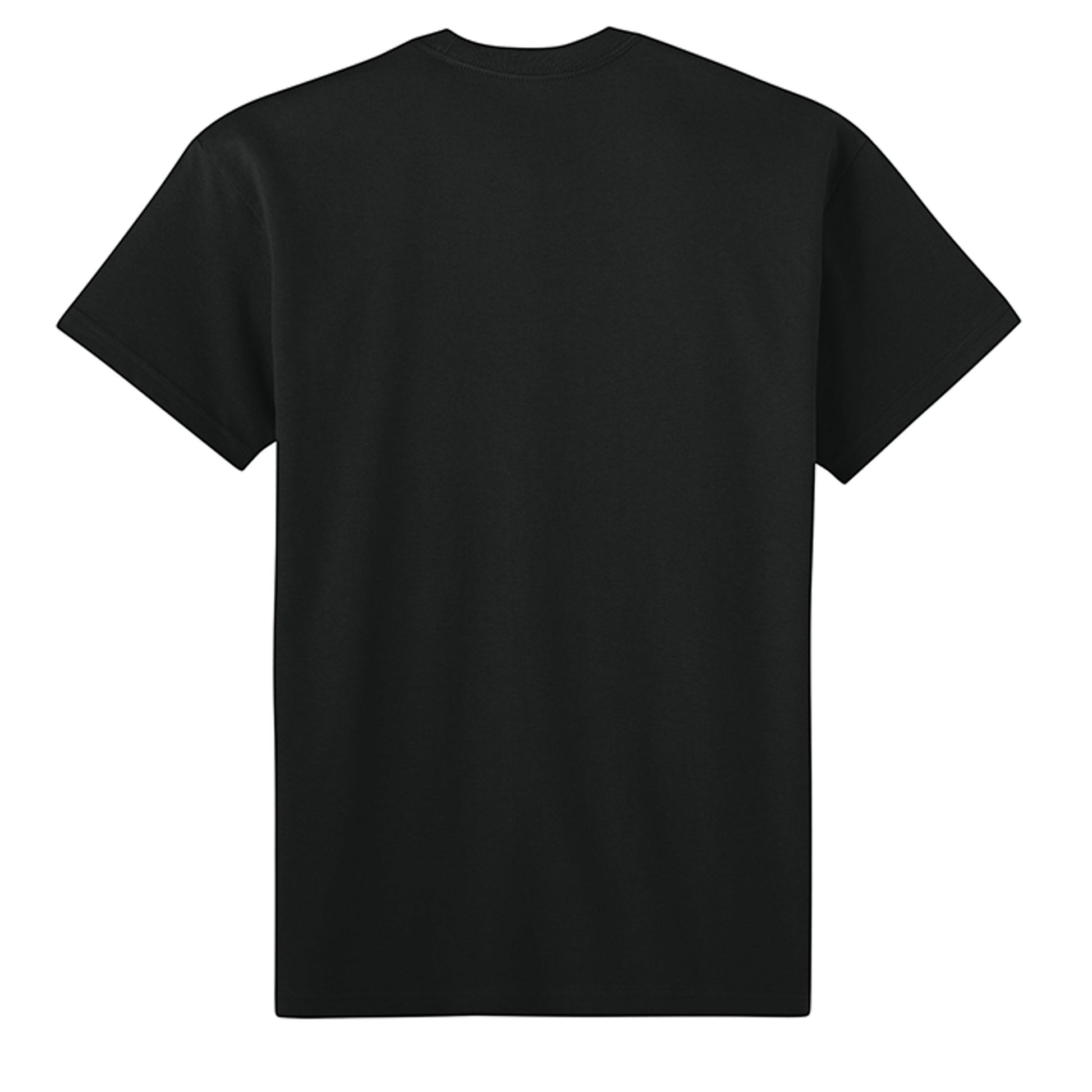 Back view of Omina Blessed, Not Pressed heavyweight black cotton t-shirt with relaxed fit and dropped shoulders.