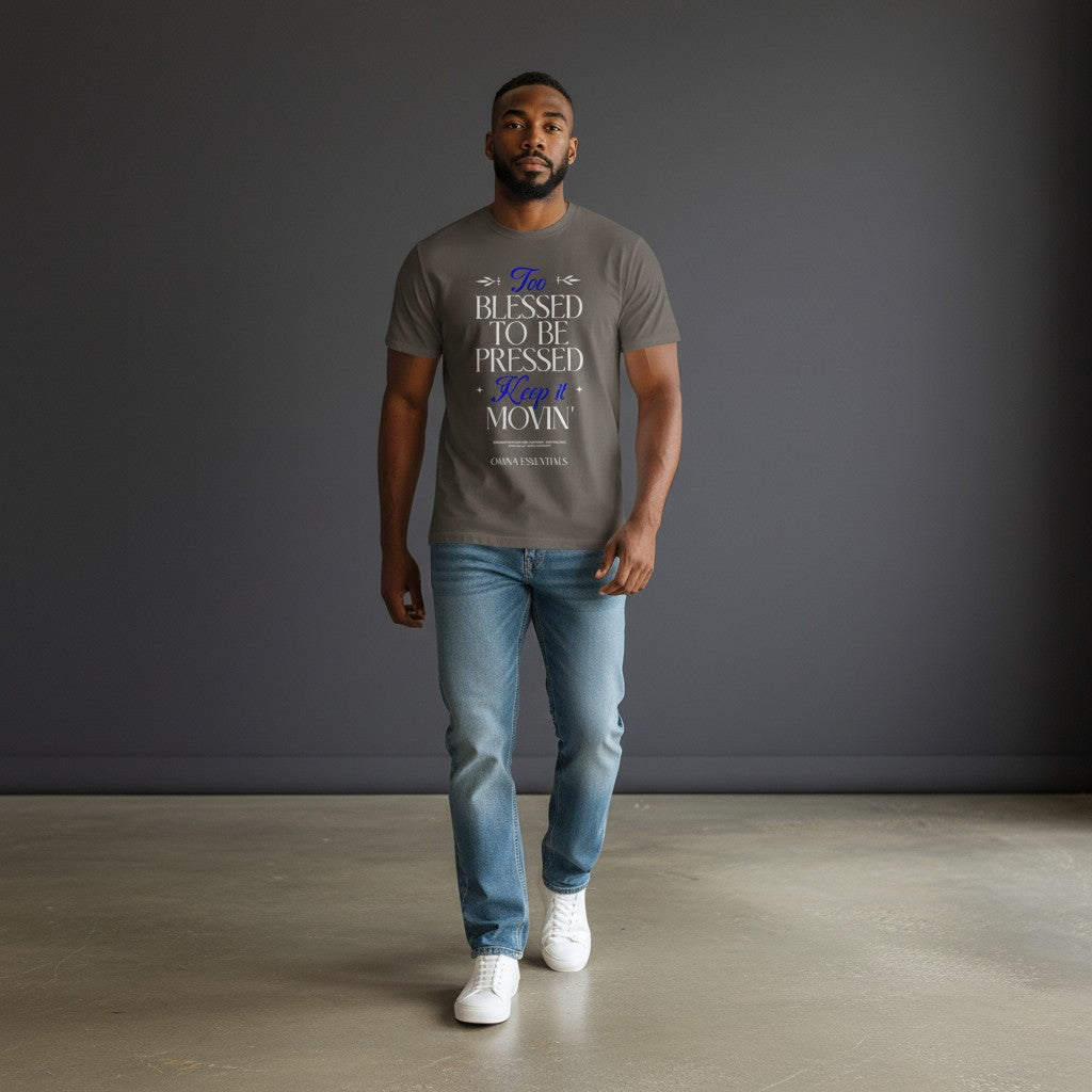 Omina Blessed, Not Pressed heavyweight cotton tee in grey with white and blue graphic text on a male model.