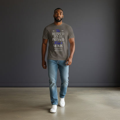 Omina Blessed, Not Pressed heavyweight cotton tee in grey with white and blue graphic text on a male model.