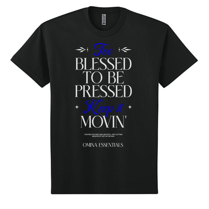 Omina Blessed, Not Pressed black heavyweight cotton t-shirt with white and blue graphic text print