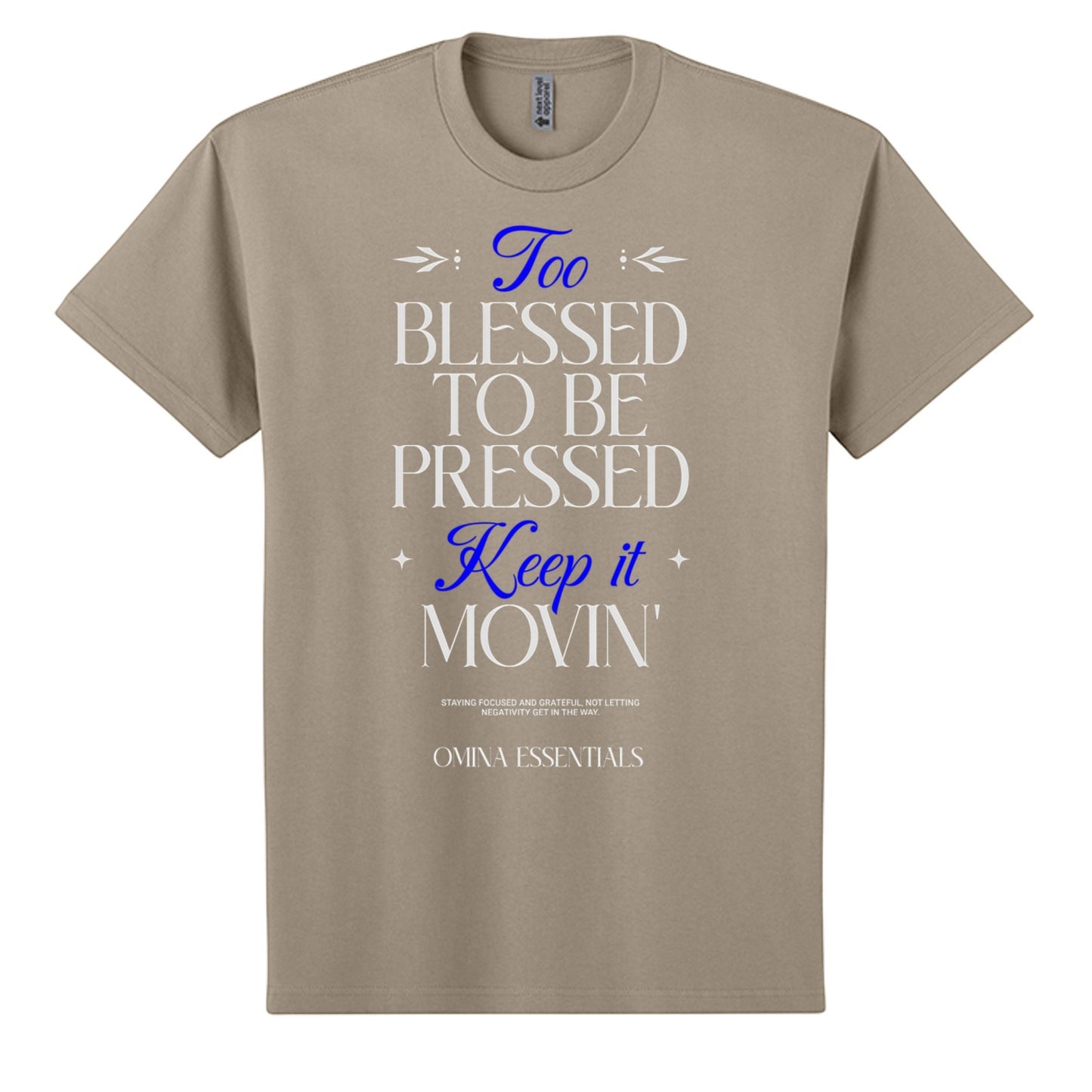 Omina heavyweight cotton t-shirt in khaki with Blessed, Not Pressed graphic print in white and blue text.