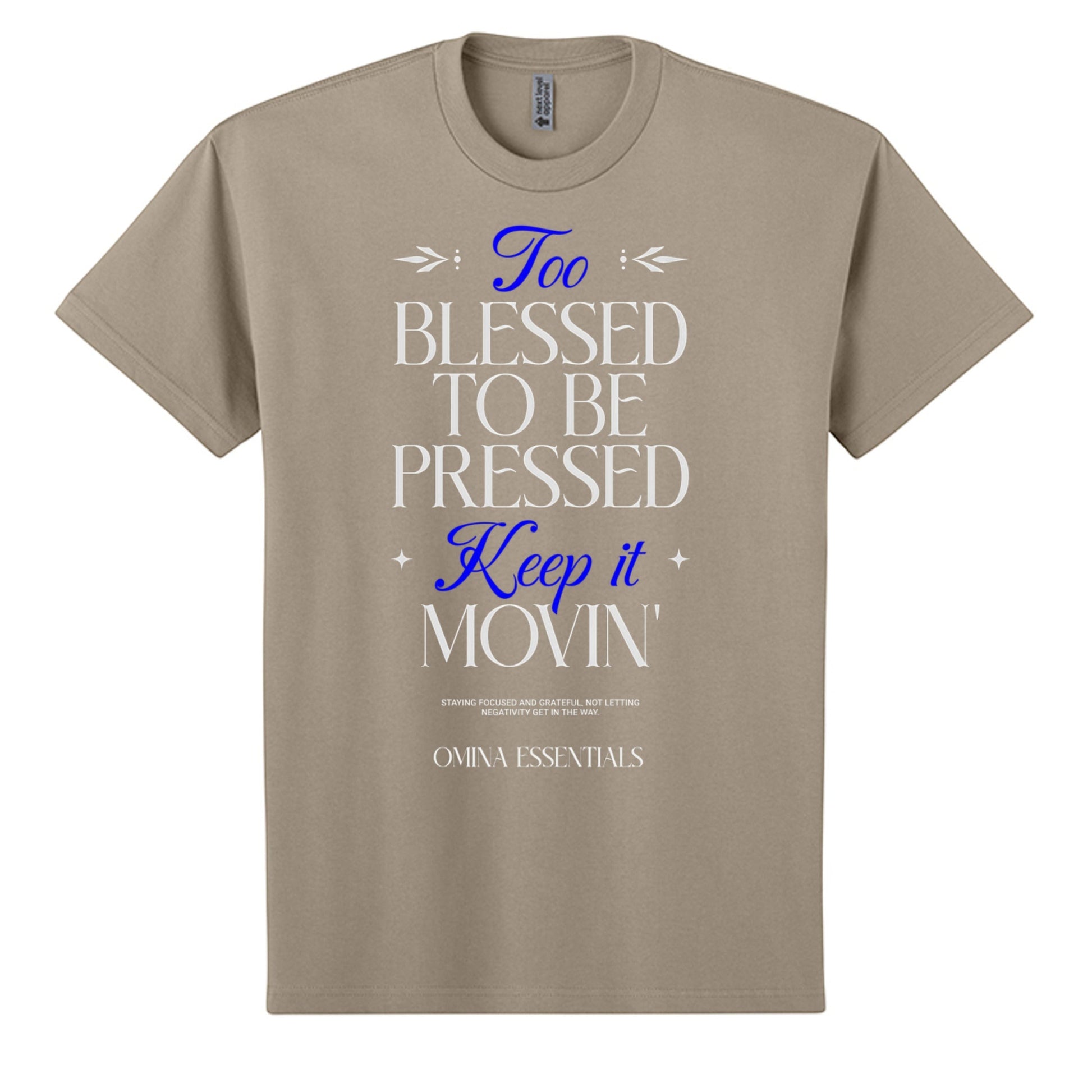 Omina heavyweight cotton t-shirt in khaki with Blessed, Not Pressed graphic print in white and blue text.