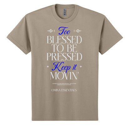 Omina heavyweight cotton t-shirt in khaki with Blessed, Not Pressed graphic print in white and blue text.
