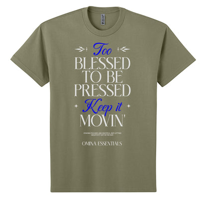 Omina Blessed, Not Pressed heavyweight olive green cotton tee with white and blue graphic text print.