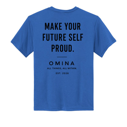Back view of Omina blue youth performance tee featuring black text Make Your Future Self Proud and brand logo