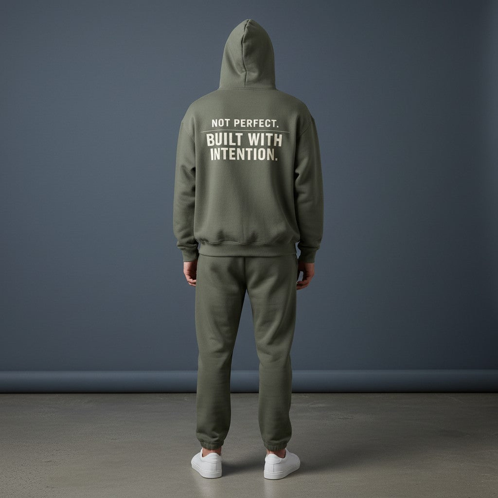 Omina olive green fleeced boxy hoodie with "NOT PERFECT. BUILT WITH INTENTION." graphic on back.