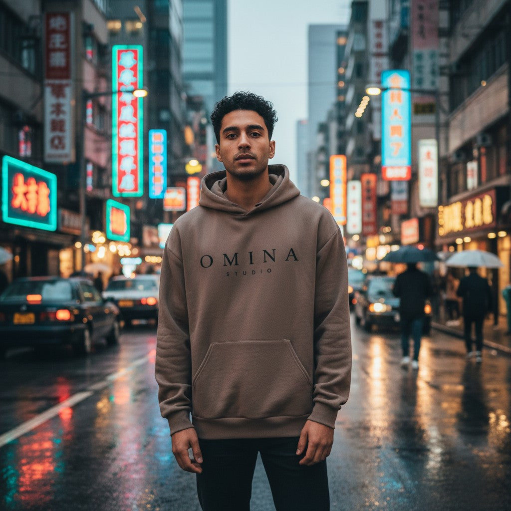 Omina Studio brown cotton-poly blend hooded sweatshirt with kangaroo pocket and logo