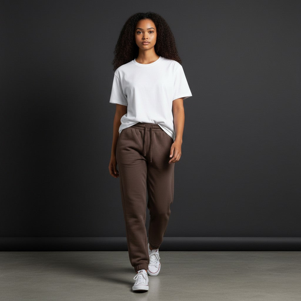 Omina women wearing brown drawstring jogger pants with a white t-shirt and sneakers in a studio setting
