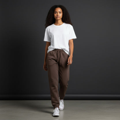 Omina women wearing brown drawstring jogger pants with a white t-shirt and sneakers in a studio setting