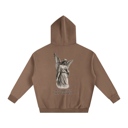 Omina brown oversized fleeced hoodie featuring a back graphic of an angel and the text All Things, All Within.