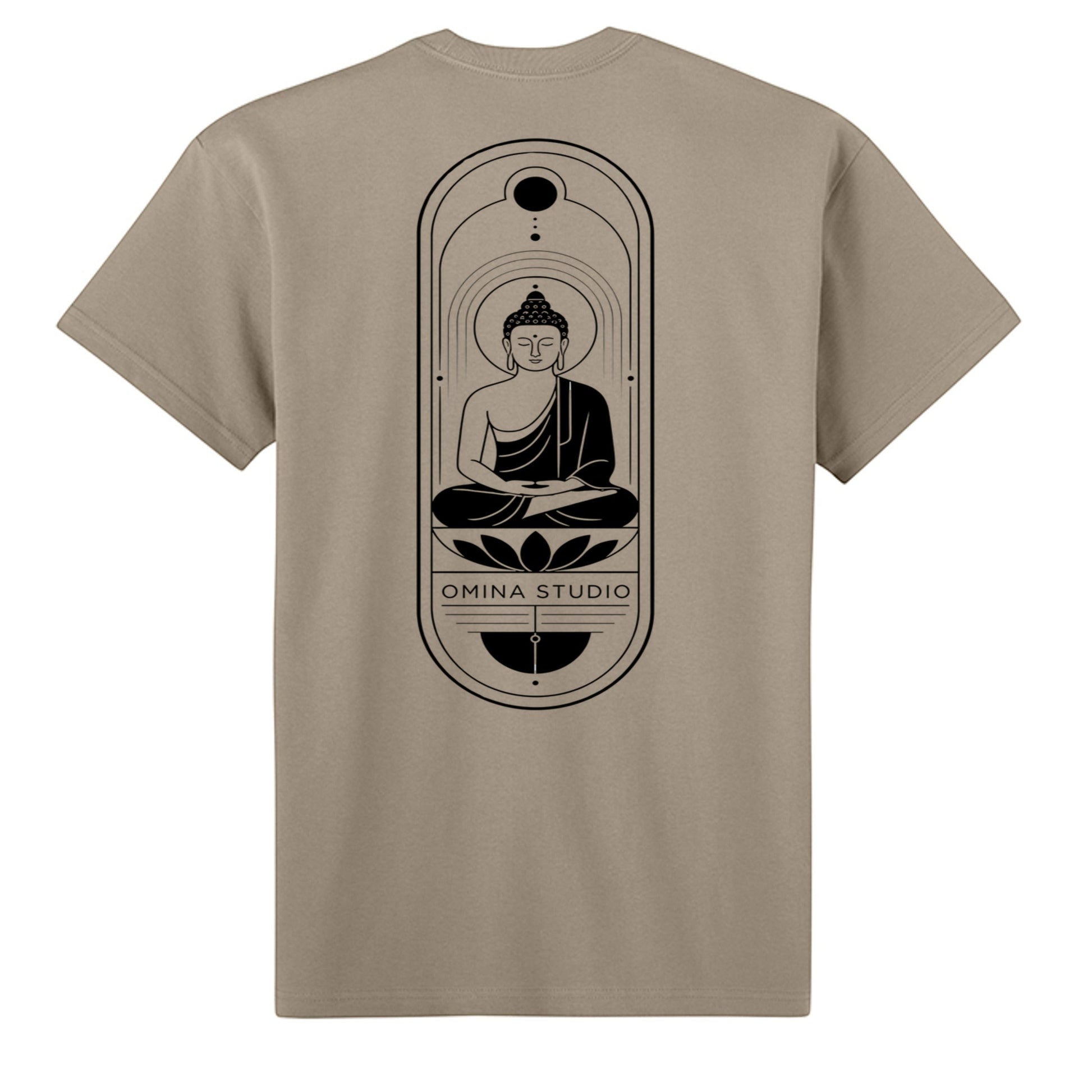 Omina heavyweight cotton t-shirt in beige with a black graphic of a meditating Buddha on the back.