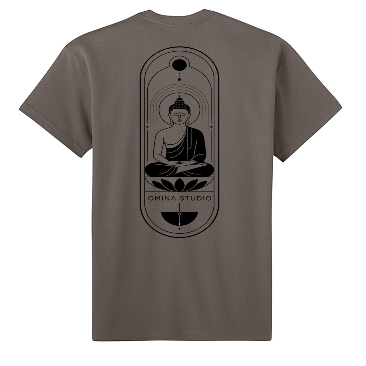 Omina heavyweight cotton t-shirt in grey featuring a black Buddha graphic print on the back