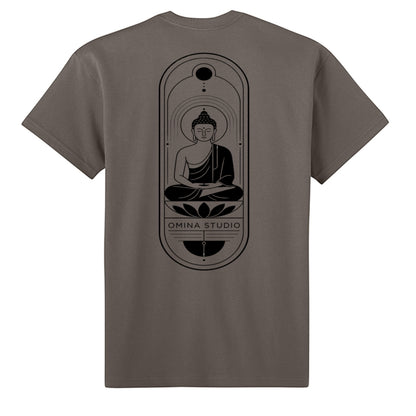 Omina heavyweight cotton t-shirt in grey featuring a black Buddha graphic print on the back