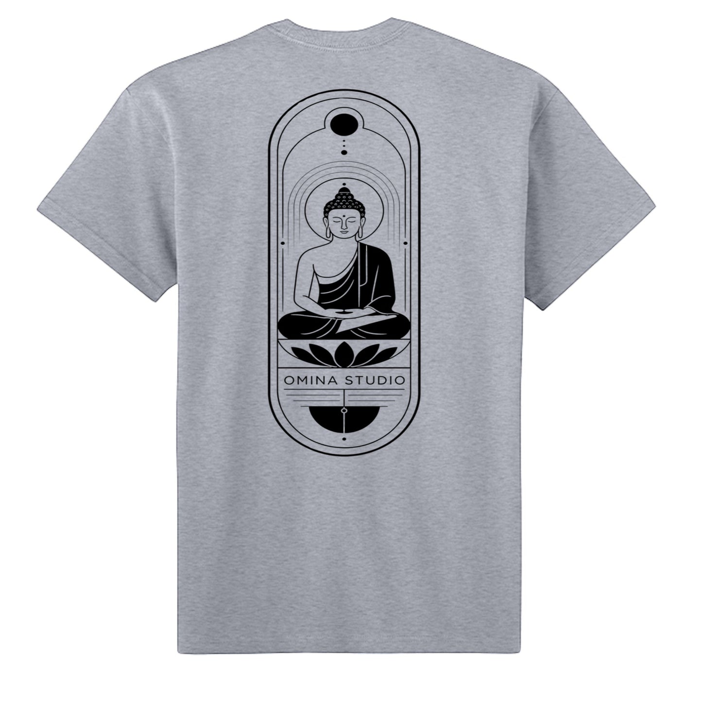 Omina heavyweight grey cotton t-shirt featuring a black graphic of a meditating Buddha in a geometric frame on the back