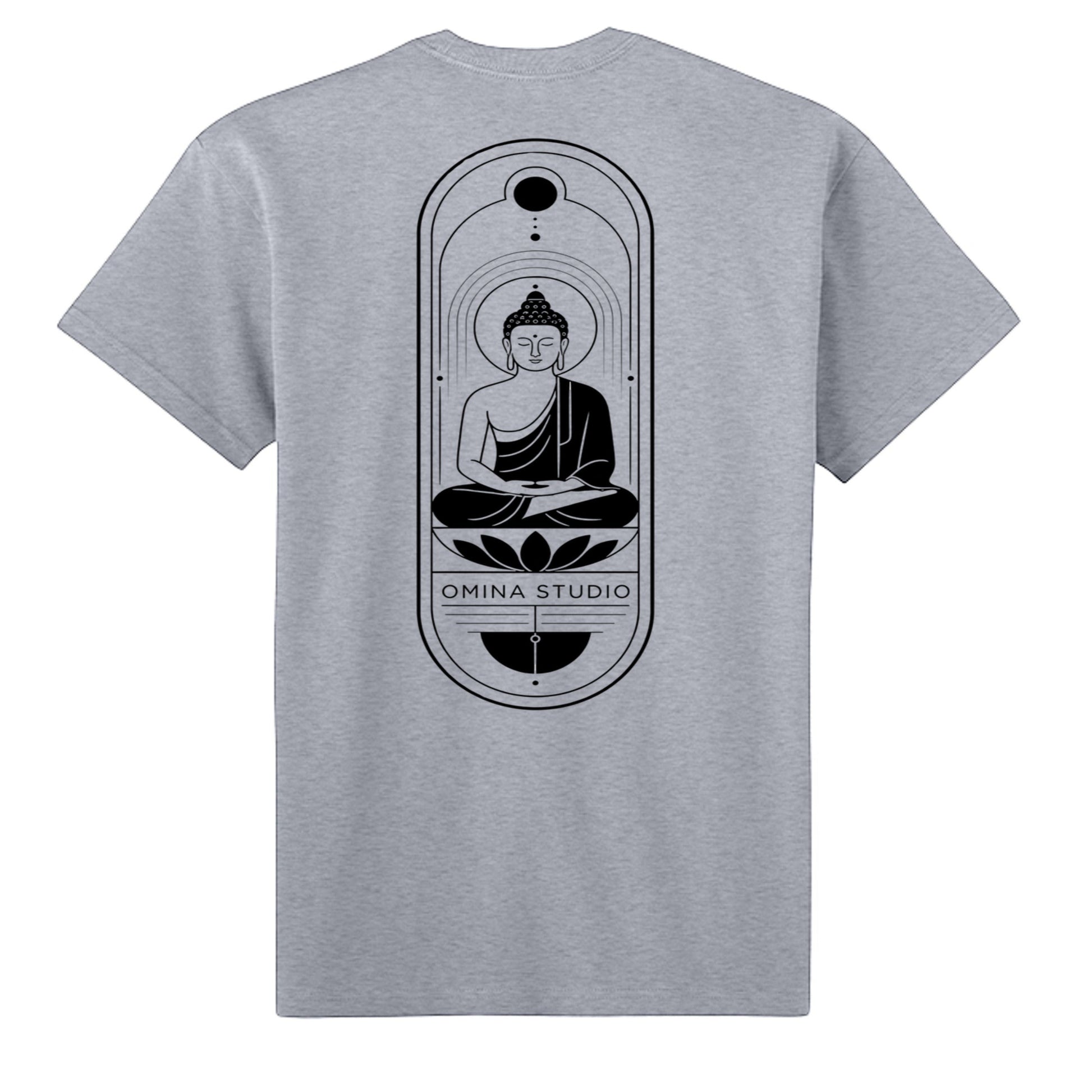 Omina heavyweight grey cotton t-shirt featuring a black graphic of a meditating Buddha in a geometric frame on the back