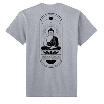Omina heavyweight grey cotton t-shirt featuring a black graphic of a meditating Buddha in a geometric frame on the back