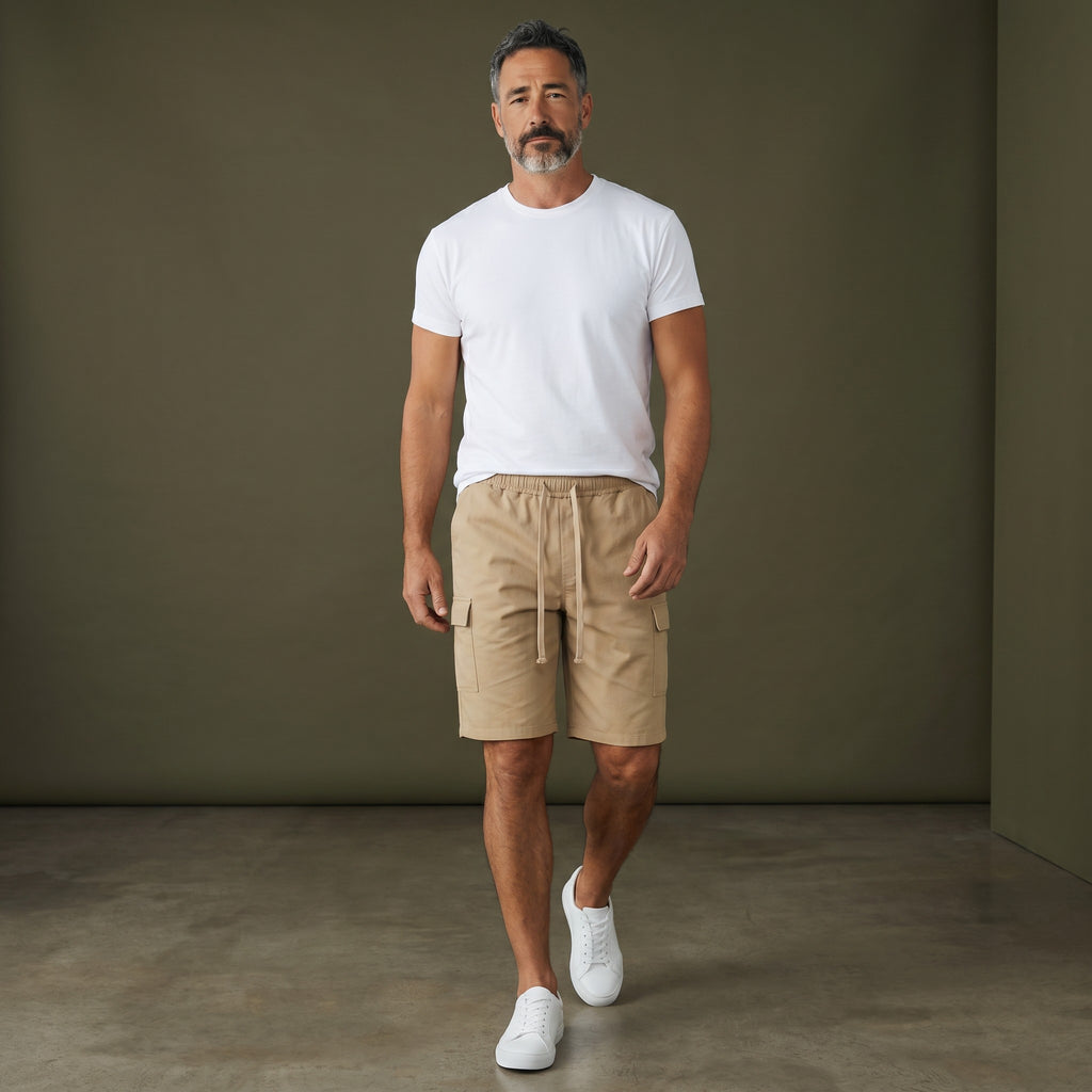 Omina beige polyester cargo shorts with drawstring elastic waistband and functional side pockets. Relaxed unisex fit.