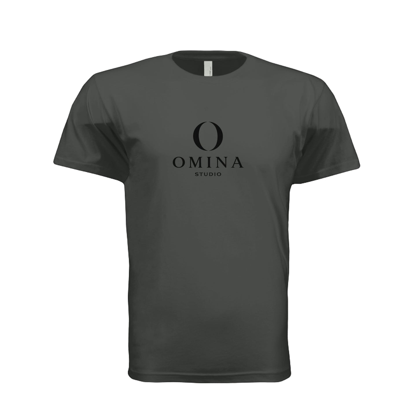 Omina charcoal grey unisex cotton crew neck t-shirt featuring the Omina Studio mascot O logo graphic on the chest.