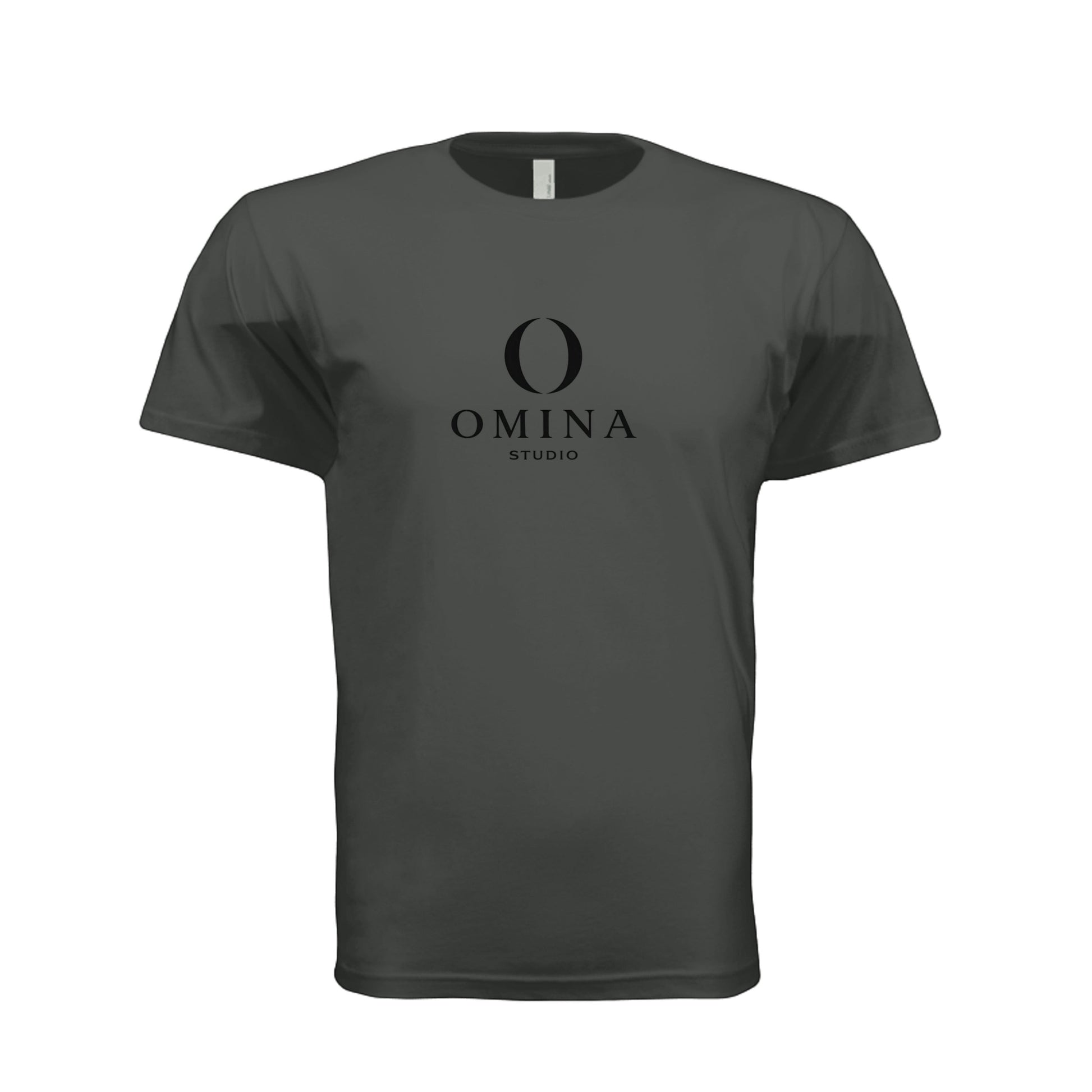 Omina charcoal grey unisex cotton crew neck t-shirt featuring the Omina Studio mascot O logo graphic on the chest.