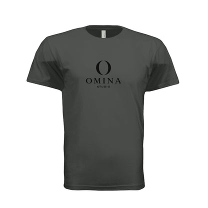 Omina charcoal grey unisex cotton crew neck t-shirt featuring the Omina Studio mascot O logo graphic on the chest.