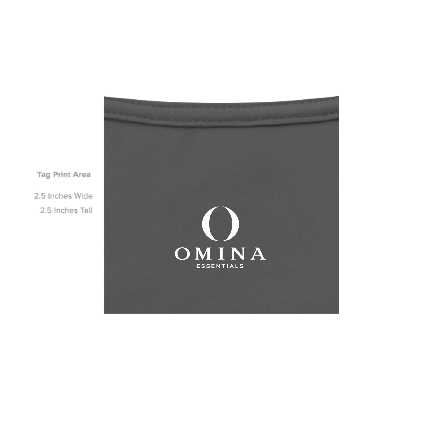 Omina Essentials charcoal grey jersey tee with white logo print on the inner neck label area