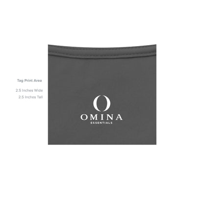 Omina Essentials charcoal grey jersey tee with white logo print on the inner neck label area