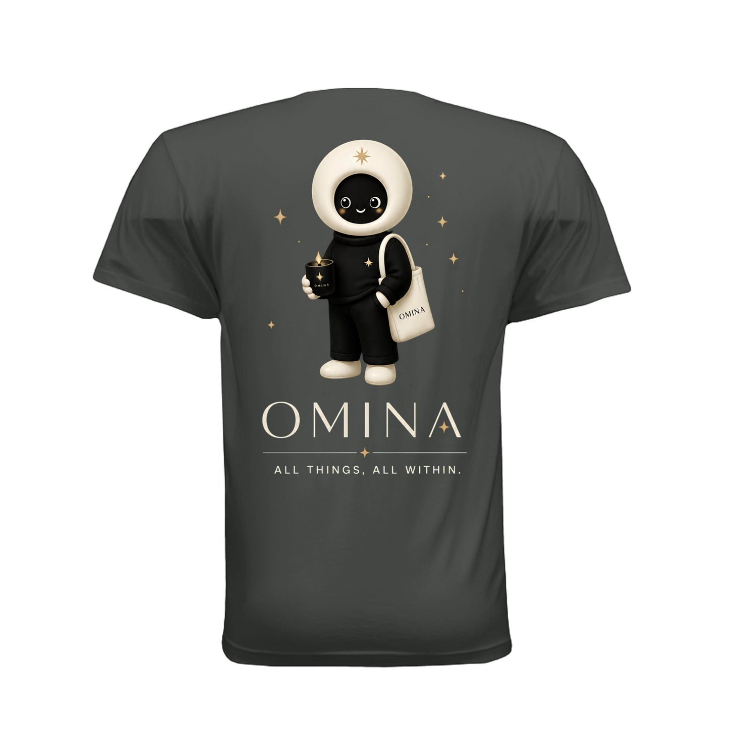 Back view of a charcoal grey Omina unisex cotton t-shirt featuring the O mascot graphic and brand text.