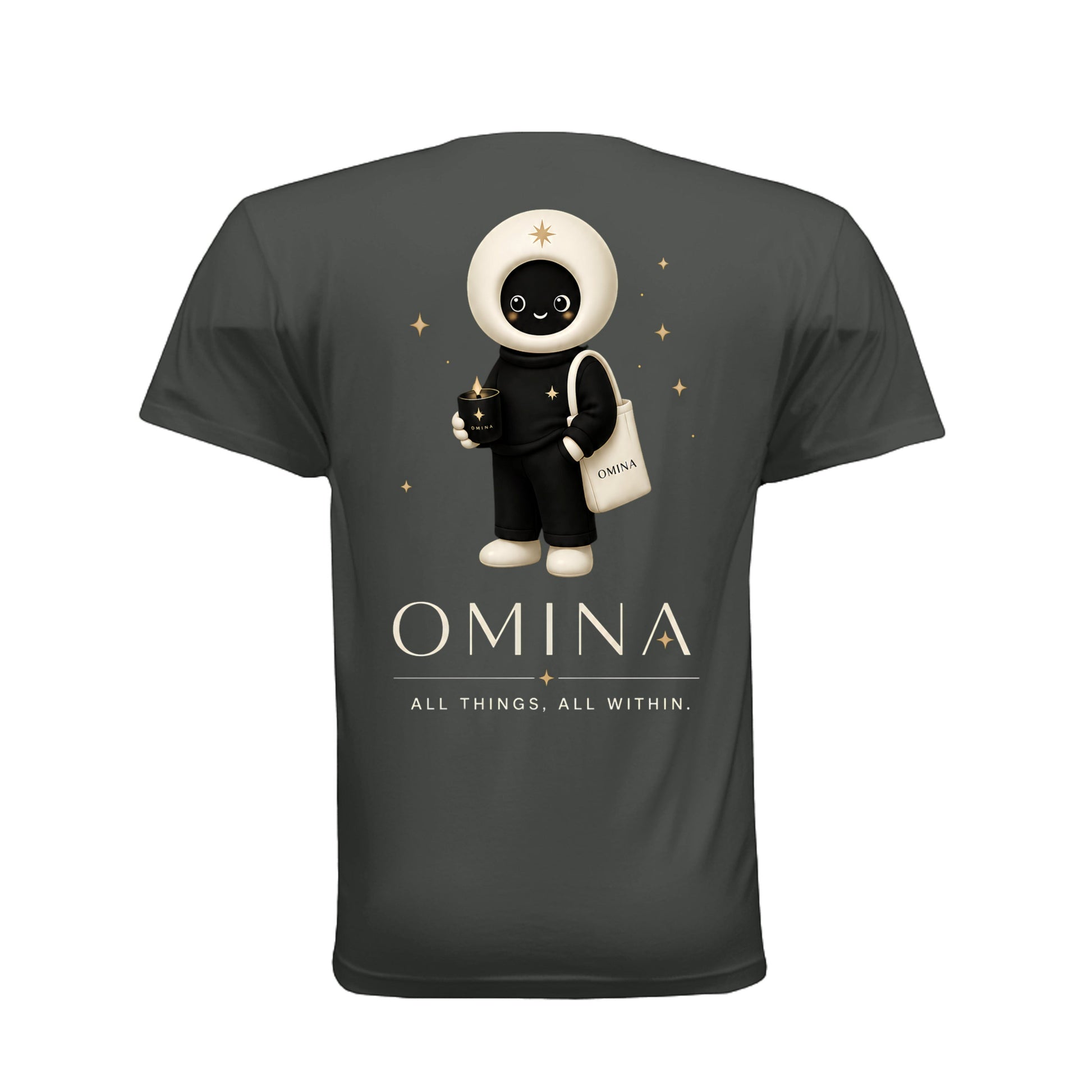 Back view of a charcoal grey Omina unisex cotton t-shirt featuring the O mascot graphic and brand text.