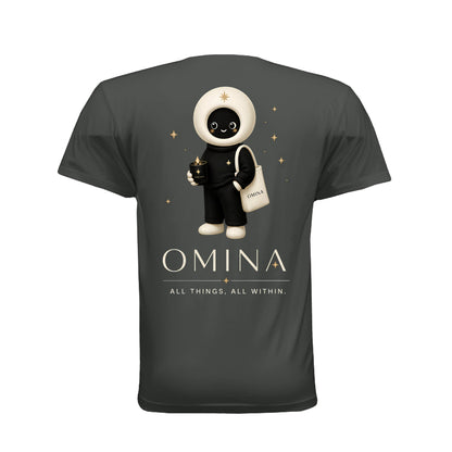 Back view of a charcoal grey Omina unisex cotton t-shirt featuring the O mascot graphic and brand text.