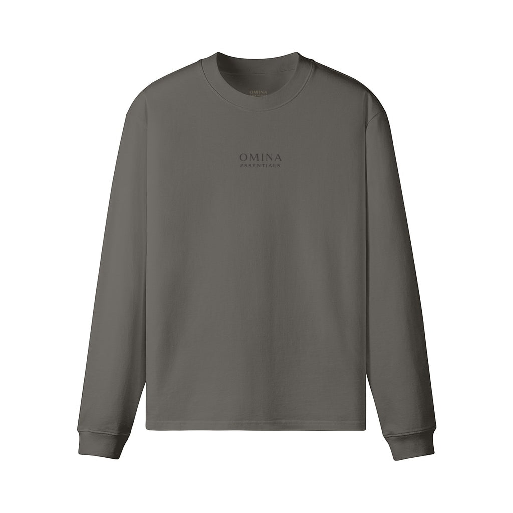 Omina charcoal grey heavyweight long sleeve t-shirt with crew neck, drop shoulders, and minimalist chest logo.