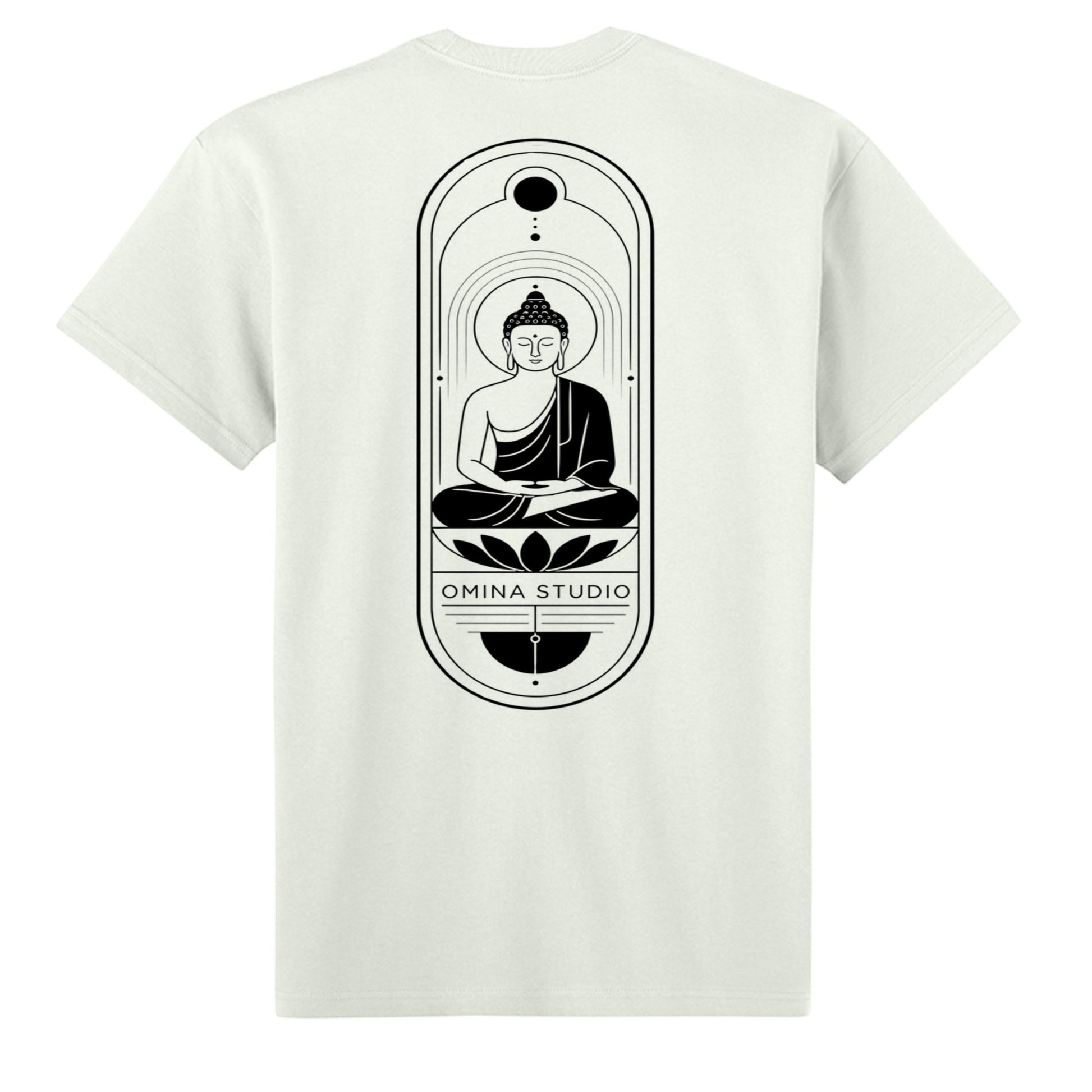 Omina heavyweight cream cotton t-shirt featuring a black graphic of a meditating Buddha on the back.
