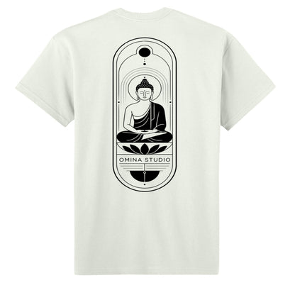 Omina heavyweight cream cotton t-shirt featuring a black graphic of a meditating Buddha on the back.