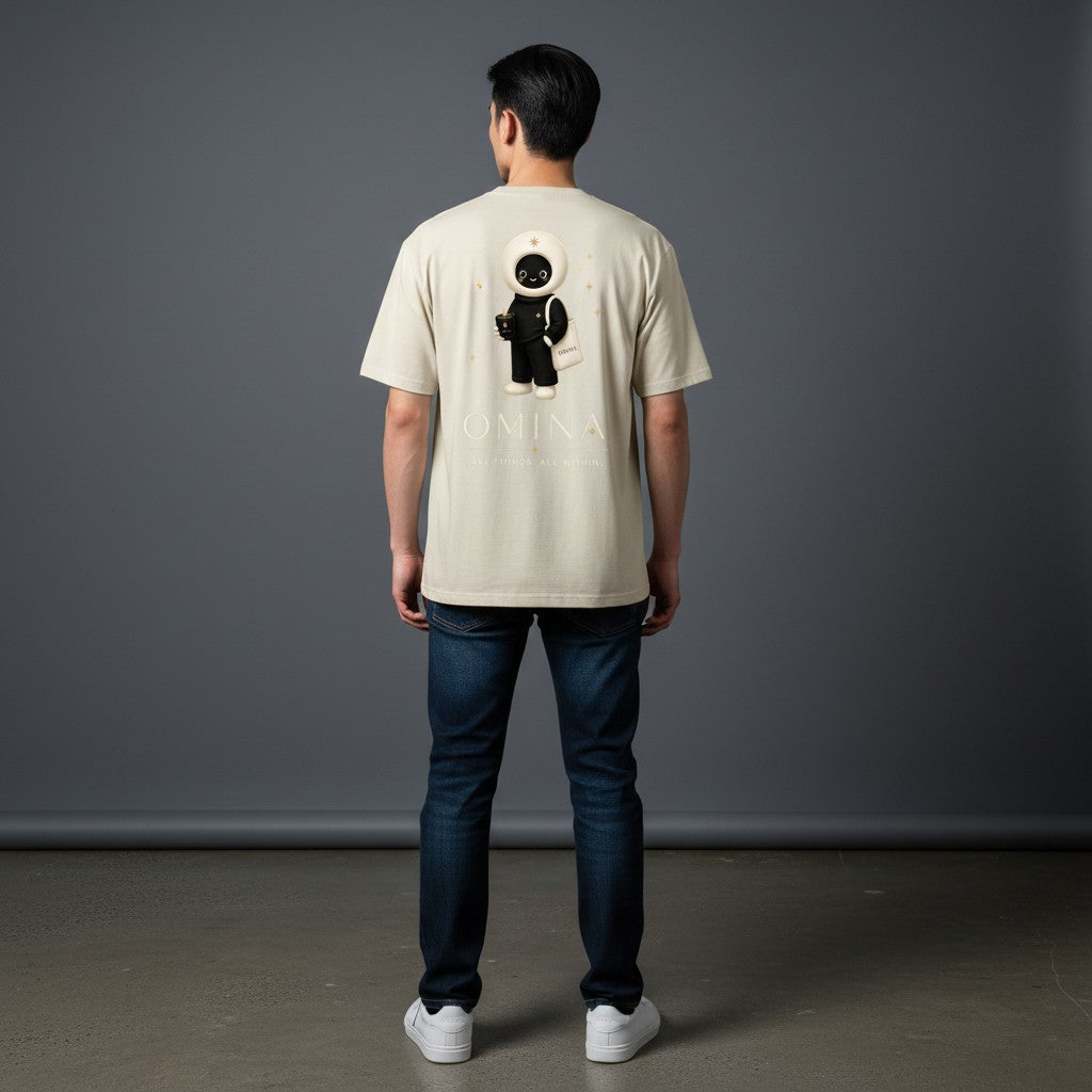 A man wearing an Omina cream-colored cotton t-shirt with a playful O mascot graphic on the back, paired with jeans.