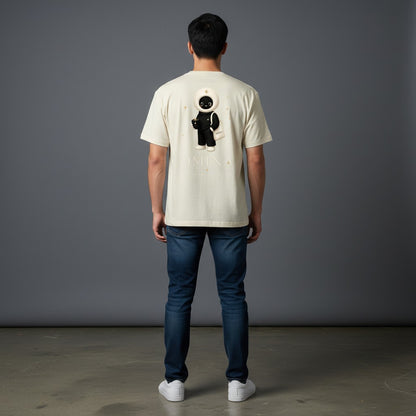 A man wearing an Omina cream cotton t-shirt with a back graphic of the O mascot, paired with blue jeans.