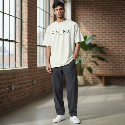 Omina Studio cream heavyweight 100% cotton t-shirt with relaxed fit and dropped shoulders.