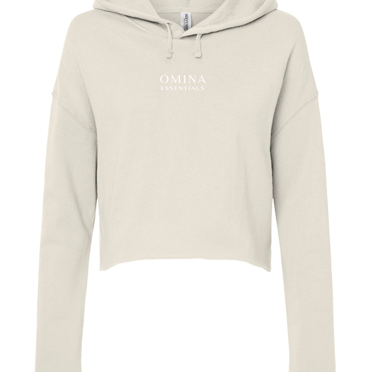 Omina Essentials cropped Sunday hoodie in cream lightweight fleece with a flat drawcord and minimalist logo print.