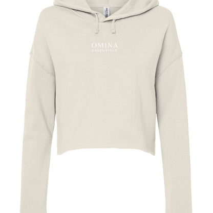 Omina Essentials cropped Sunday hoodie in cream lightweight fleece with a flat drawcord and minimalist logo print.
