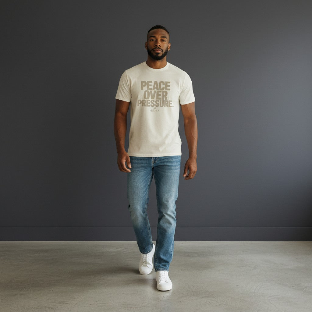 Model wearing an Omina cream heavyweight cotton t-shirt with PEACE OVER PRESSURE text, paired with blue jeans.